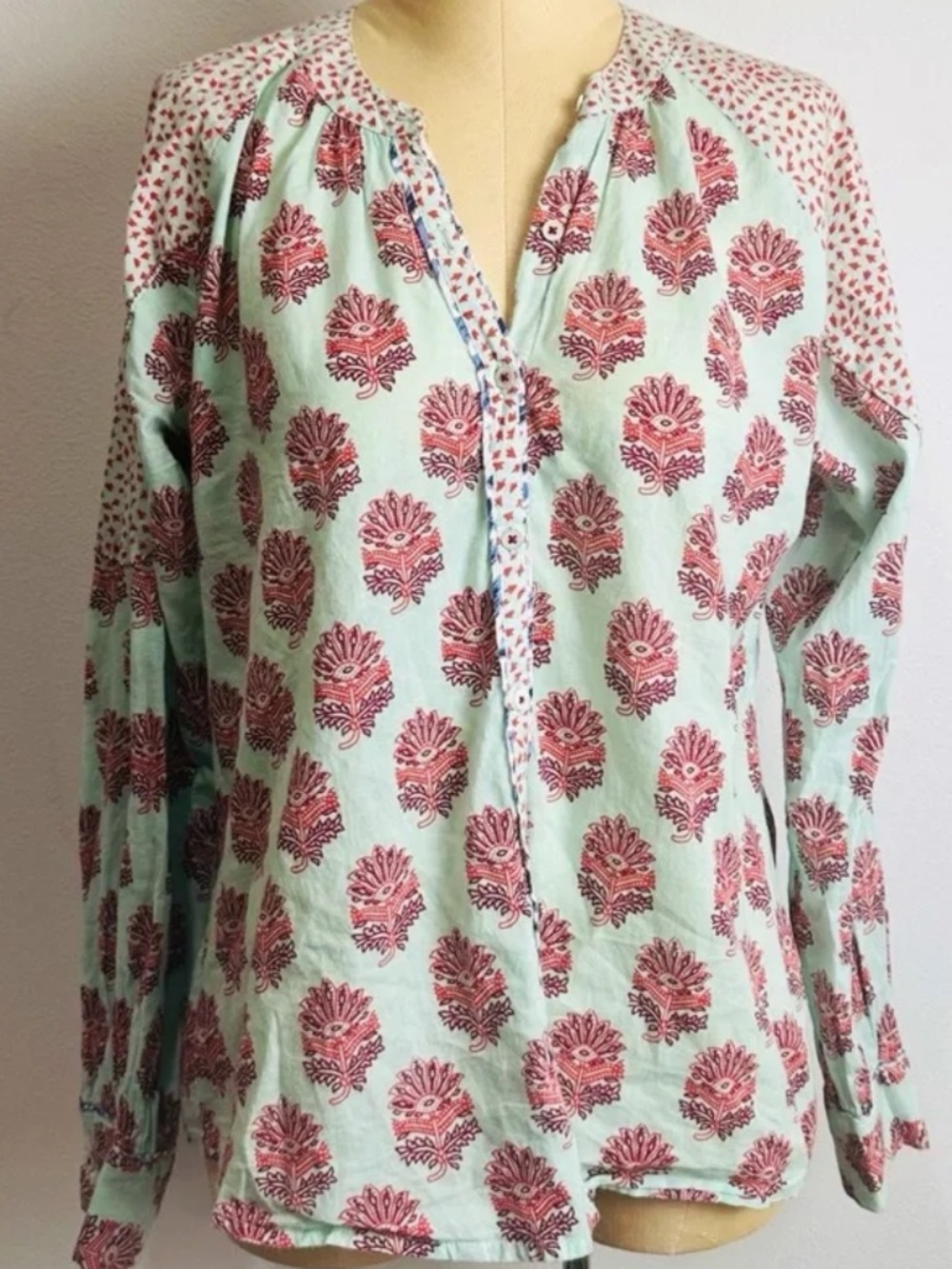 Sundance Block Print Turquoise Boho Button Down Top XS